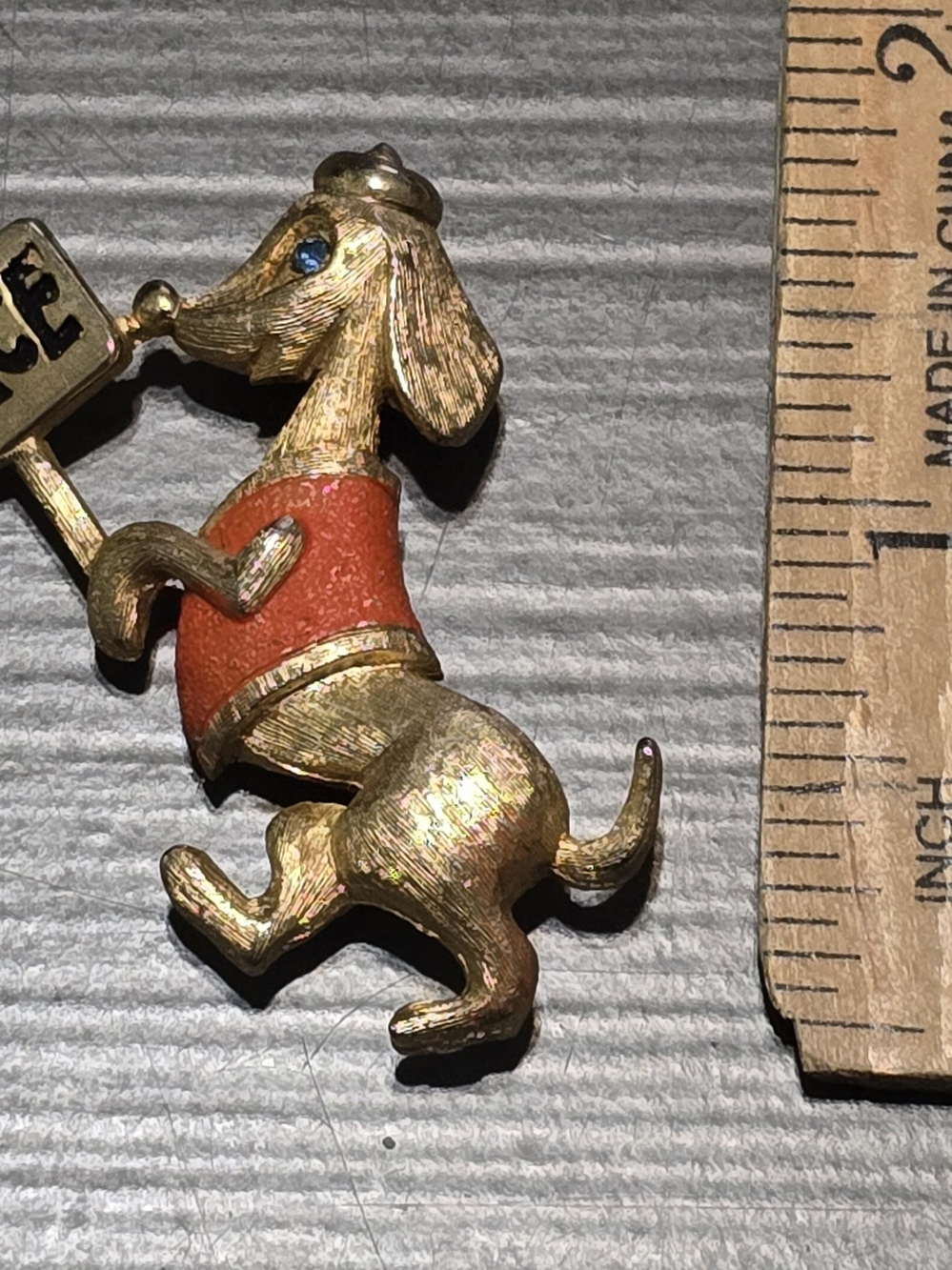 Rare Gold-Tone Dachshund Brooch with Sweater & Peace Sign By Jonette Jewelry